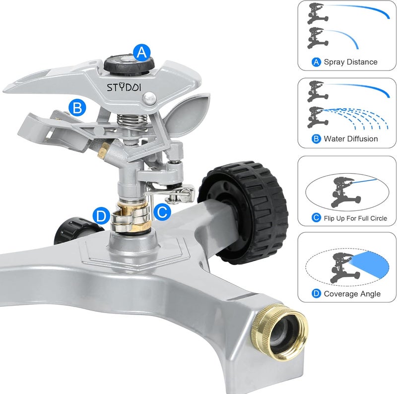 STYDDI Metal Pulsating Sprinkler on in-Series Metal Wheeled Base, Adjustable Circular Water Sprinkler for Medium to Large Circular Lawn, Yard, Garden and Large Areas, Coverage up to 6,360 Sq. ft - Image 3